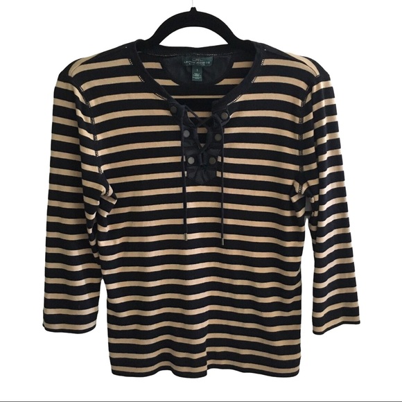 Ralph Lauren Tops - Ralph Lauren Lace Up Front Stripe 3/4 Sleeves Top